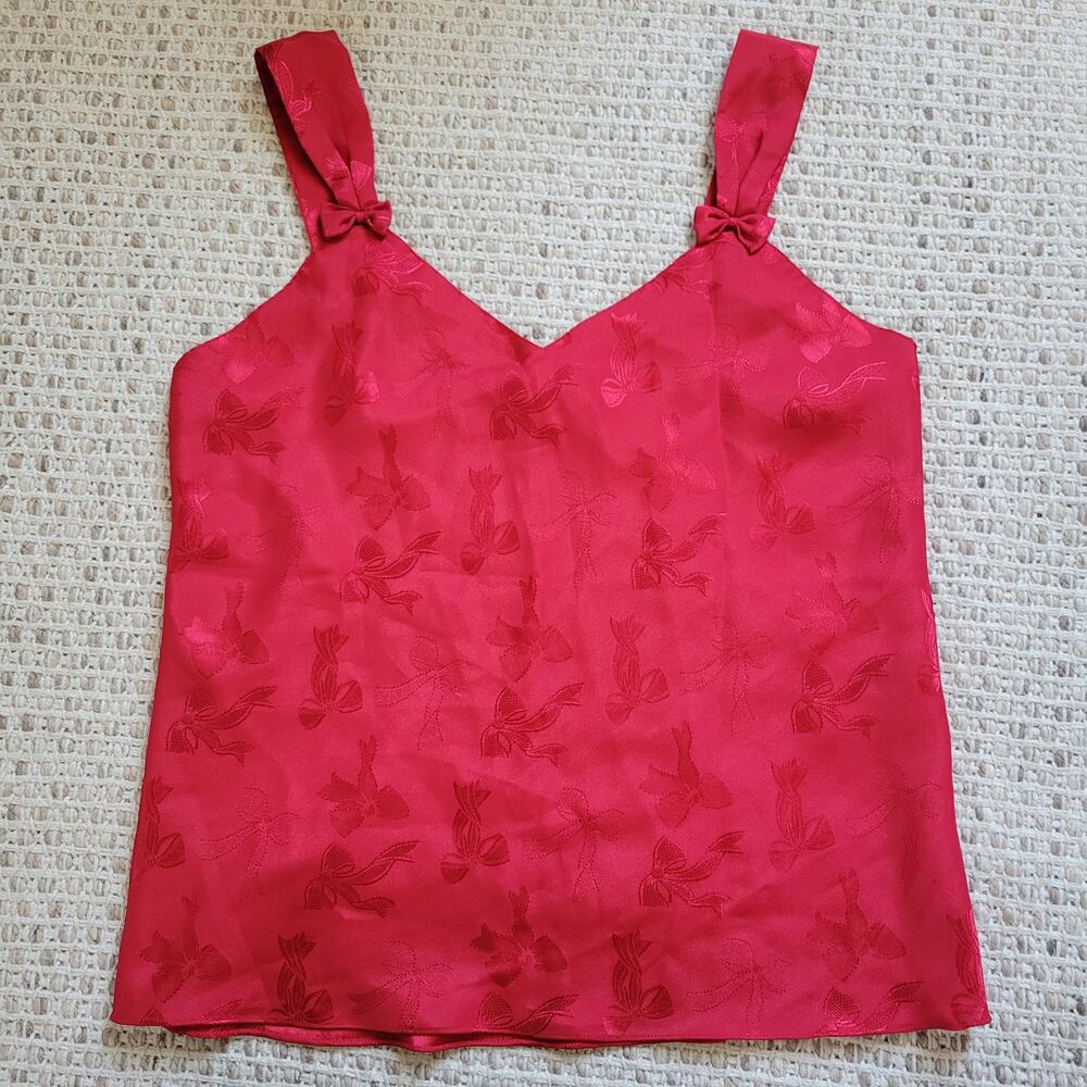 Vintage 90s Erika Taylor Intimates Womens M Red Satin Top Bow Pattern Camisole